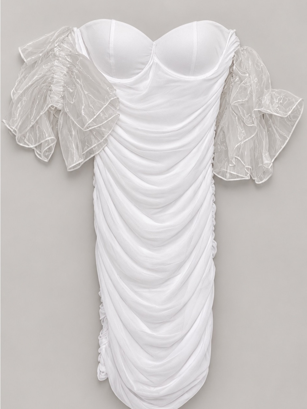 Amazon White Strapless Ruched Cocktail Dress with Sheer Puff Sleeves